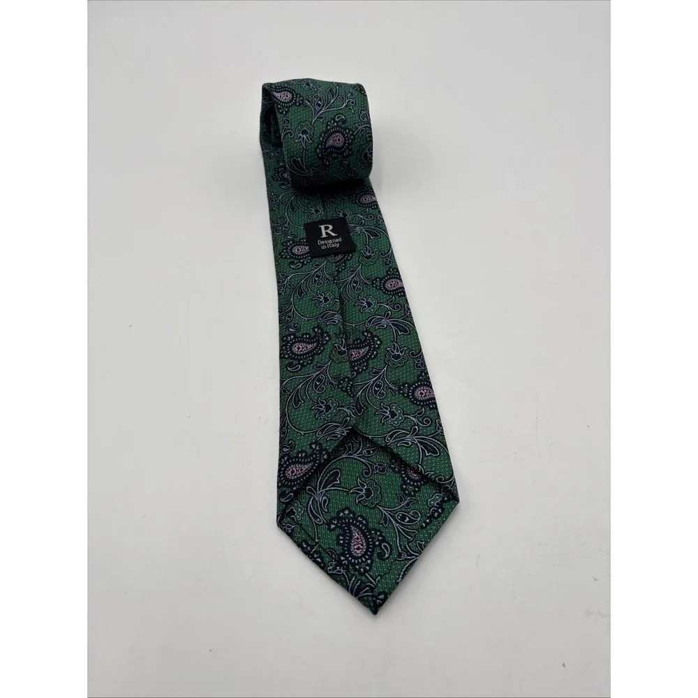 R Designed in Italy Green Paisley‎ 100% Silk Necktie Tie 60